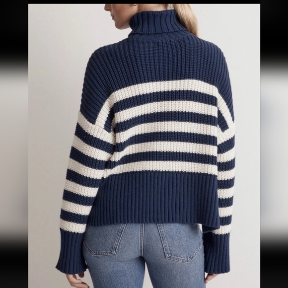 Madewell Wide Rib Turtleneck Crop Sweater New Sz S Oversized Striped Blue Cream - Picture 2 of 13